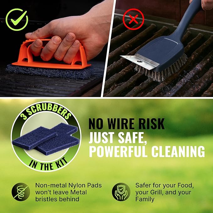 CitruSafe Grill Cleaning Kit - BBQ Grill Cleaner (16oz) and BBQ Grill Scrubber with 3 Heavy Duty Replaceable Scrubber Pads - Formulated to Safely Clean Burnt Food and Grease Off of Grill Surfaces