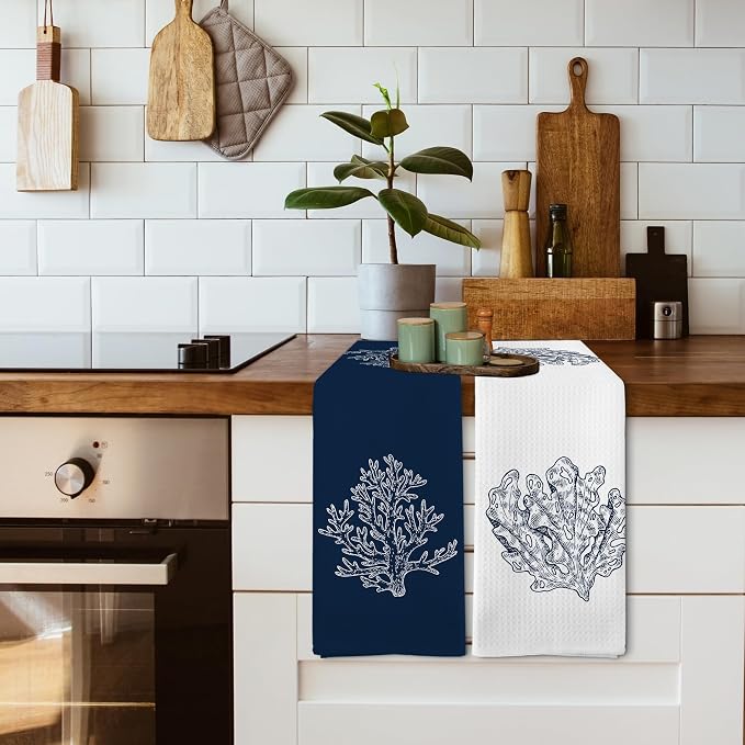 Coastal Beach Coral Summer Bathroom Hand Towels Sets of 2, Nautical Beachy Ocean Theme Bathroom Decor Accessories, Coastal Navy Blue Decor Kitchen Dish Tea Towels for Kitchen, 16x24 Inch
