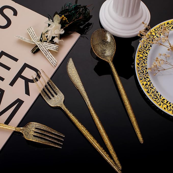 Supernal 180pcs Gold Plastic Silverware Durable Plastic Silverware Gold Glitter Color Party Cutlery Disposable Flatware Heavy Duty Include 60 Forks,60 Knvies,60 Spoons for Wedding,Birthday (Pack of 2)