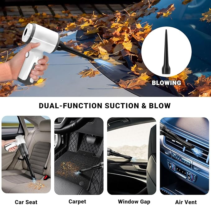 3-in-1 Handheld Vacuum 6500Pa | Vacuum+Blow+Inflate | 4 Nozzles | for Car/Keyboard/Pet Hair/Crevice | Type-C Fast Charge White