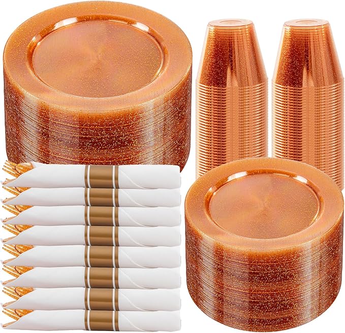 DaYammi 350PCS Orange Glitter Plastic Dinnerware Set for 50 Guests, Fancy Disposable Plates for Party, Include: 50 Dinner Plates, 50 Dessert Plates, 50 Pre Rolled Napkins with Silverware, 50 Cups