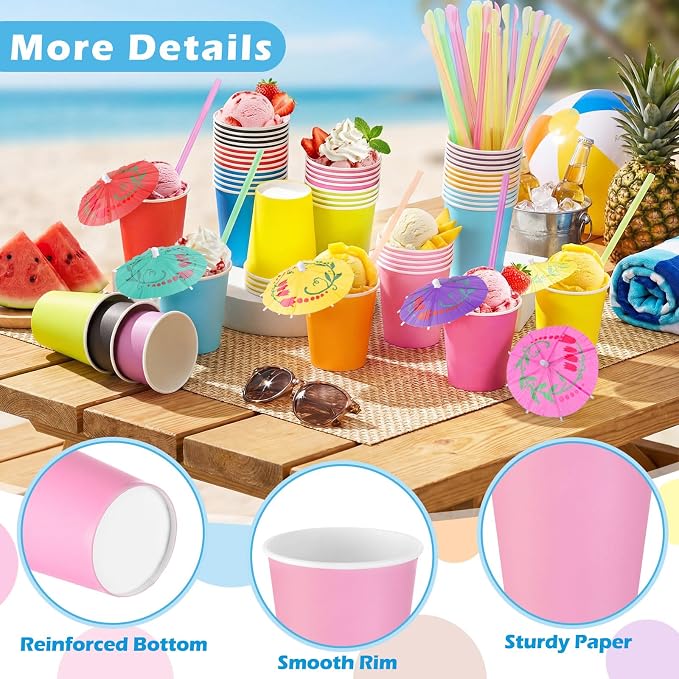 150 Pcs Colorful Disposable Paper Slushie Cups with Spoon Straws and Cocktail Drink Umbrellas, Hot Cold Food Paper Cups for Summer Hawaiian Pool Party, Sundae Ice Cream Party Supplies