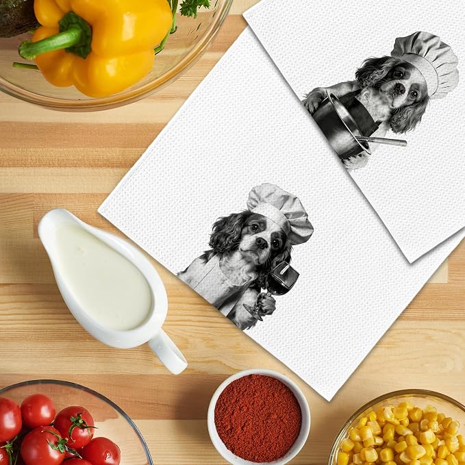 Funny Chef Cavalier King Charles Spaniel Kitchen Towels Set of 2, Dog Charles Spaniel Gifts for Women Dish Tea Towels for Kitchen, Dog Mom Lovers Owner Gifts Decorative Hand Towel, 16x24 Inch
