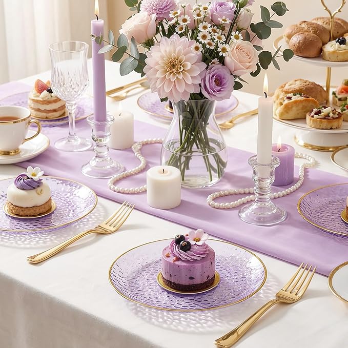 DaYammi 240Pcs Purple Plastic Plates Including 120Pcs Purple Dessert Plates and 120Pcs Gold Cake Forks,Hammered Appetizer plates Heavy duty Disposable Plastic Plate for Party Wedding Birthday