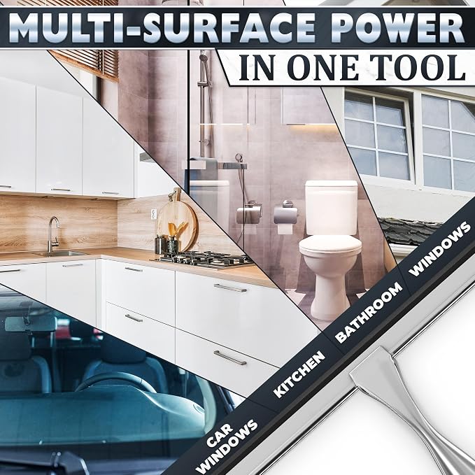 Shower Door Squeegee with Hook - 12" Silicone Blade, Stainless Steel Squeegee for Shower Glass with Adhesive Mount - All-Purpose Bathroom Tile, Mirror, & Window Wiper for Streak-Free Cleaning (Silver)