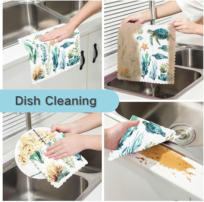 Underwater Turtle Fish Plant Kitchen Towels Dish Cloths Set of 6 Microfiber Cleaning Cloths for Cars Super Absorbent Machine