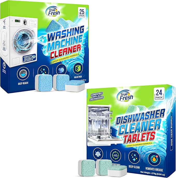 Washing Machine & Dishwasher Cleaner Tablets - 48-Pack Bundle Compatible with Front Loader Top Loader & He Machines and all Dishwashers Removes Buildup Lime Scales and residues - Septic Safe