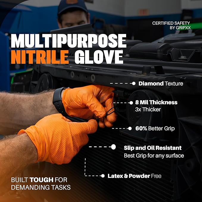 GRIPXX Herkules Grip Heavy Duty 8Mil Orange Nitrile Gloves,3D Raised Diamond Texture-Latex & Powder Free-Industrial, Mechanic (10, XX-Large)