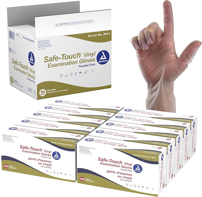 Dynarex Safe-Touch Vinyl Disposable Exam Gloves, Powder-Free, Food Safety and Compliance, Ambidextrous, Clear, X-Large, 1 Case, 10 Boxes of 100 Gloves