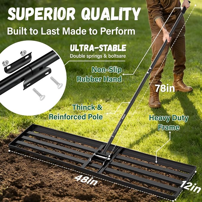48X12 inch Lawn Leveling Rake,Leveling Rake 78" Long Handle, Yard Level Rake,Heavy Duty Leveling Rakes Suit for Garden,Golf Lawn and Farm,Effort Saving Tool for Soil Grass Golf Field