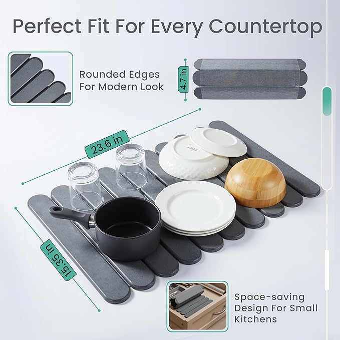 Stone Dish Drying Mat for Kitchen Counter, 23.6”(L) x 15.3”(W), Collapsible Eco-Friendly Diatomaceous Mat, Non Slip Quick Dry – Grey Mat for Dishes, Bottles & Cups, Matches Any Countertop