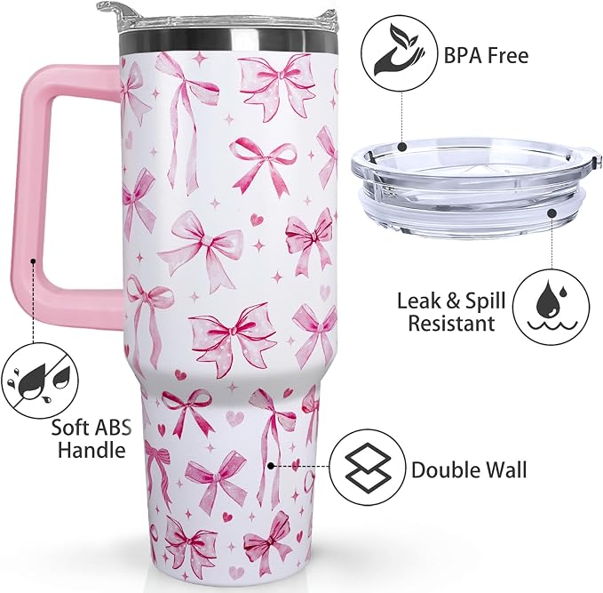 Ceovfoi 40 Oz Pink Bow Tumbler With Handle, Pink Bow Decor Coffee Travel Mug Cup Water Bottle, Gifts for Women Girls