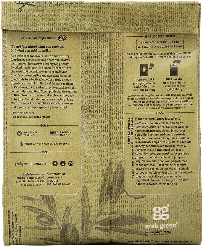 Grab Green Stoneworks Laundry Detergent Pods, 50 Loads, Olive Leaf | EPA Safer Choice; Plant & Mineral-Based; Fights stains; Eliminates odors; Softens naturally; No Harsh Chemicals