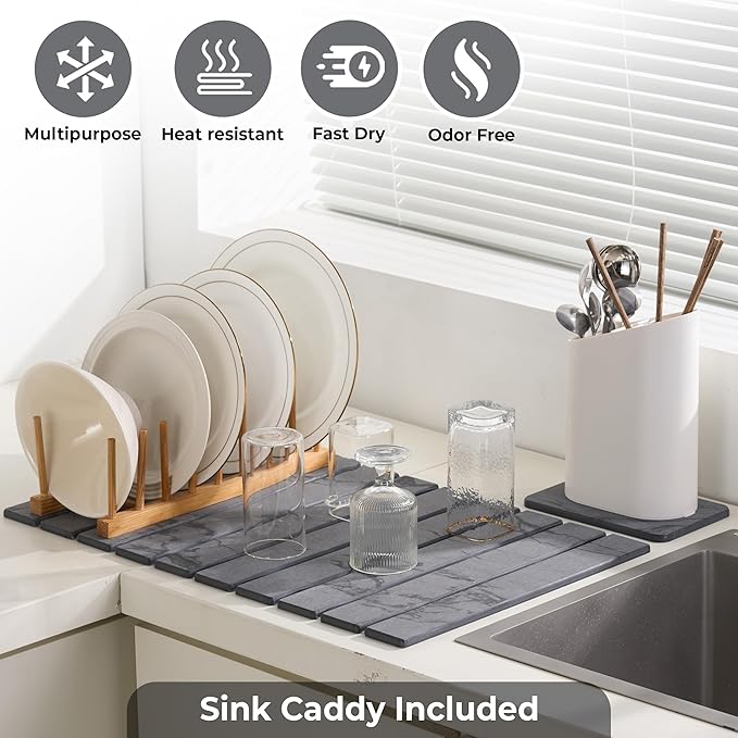 Large Stone Dish Drying Mat for Kitchen Counter, Quick Dry Stones Dishes Mats,Stone Drying Mat for Kitchen Counter, Water Absorbing Diatomaceous Earth Drying Mat (Dark Gray 24"×16" & 8"x4")