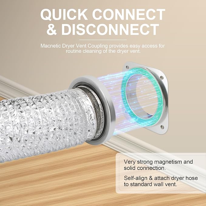 Magnetic Dryer Vent Coupling DV180 Dryer Vent Hose Magnetic Connector Kit-Quick Connection and Disconnection Strong Magnet Self-Alignment Airtight Seal Easy to Clean Included a 3ft 4" Duct & 2 Clamps