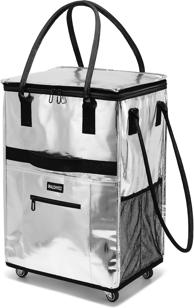 RalChyez Reusable Grocery Bags on Wheels, 67L Rolling Tote Grocery Bag with Handle and Zipper Cover Foldable Shopping Cart Trolley Laundry Basket Bag Silver Medium