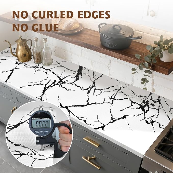 2-Layer Drawer and Shelf Liner for Kitchen Cabinet: 23.6 in X 20 Ft Non Slip Waterproof Shelf Paper Non Adhesive Refrigerator Liners White/Black Marble Easy Liners for Bathroom with Knife Tape Measure