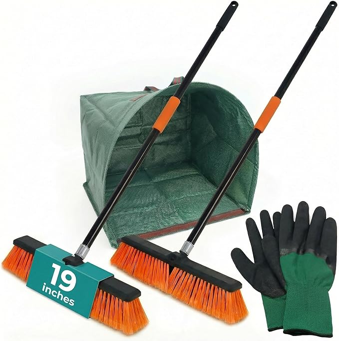 HELOMOR 2-Pack 19” Outdoor Push Brooms with 62” Long Handles – Heavy Duty Brooms for Driveway, Deck, Garage & Patio, Includes Dustpan Bin and Work Gloves