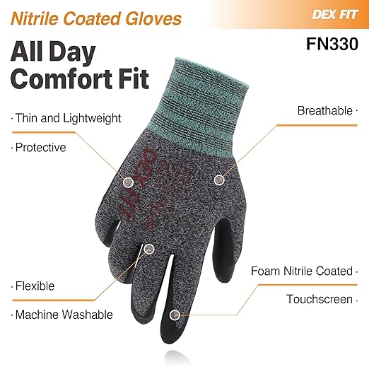 DEX FIT Nitrile Work Gloves FN330, 3 Pairs, 3D-Comfort Stretchy Fit, Firm Grip, Thin & Lightweight, Touch-Screen Compatible, Durable, Breathable & Cool, Machine Washable; Black Grey XXL (11)