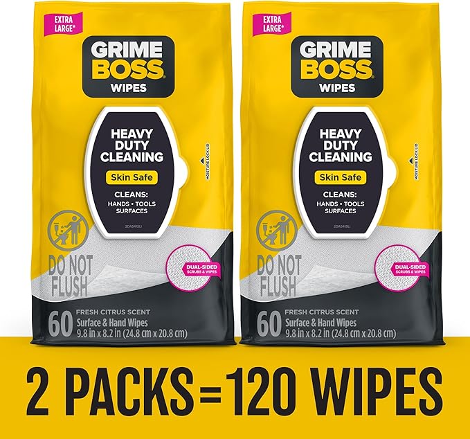 Grime Boss Heavy Duty Surface and Hand Wipes (2x60ct) | Remove Paint, Oil, Grease, Adhesives, Mud, Dirt | Workshop Replace Cleaners like Rags, Towels, Pumice, Soap