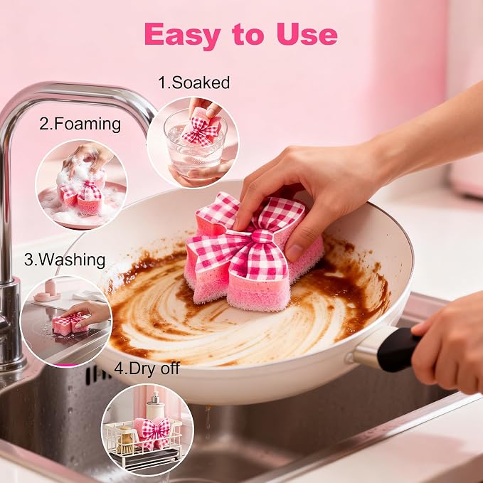 Bulimumu Kitchen Sponge Composite Swedish Dish Clothes (6, Pink Bow（6 Pack）)