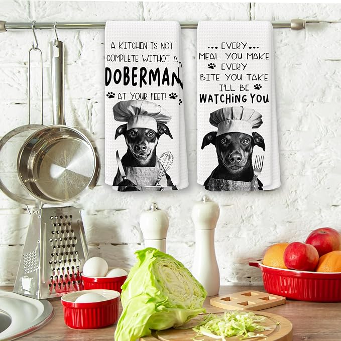 Funny Chef Doberman Dog Kitchen Towels 16x24 Inch Set of 2 | Doberman Lovers Gifts for Women Men Dish Tea Towels for Kitchen, Dog Lover Mom Dad Owner Gifts Decorative Hand Towel