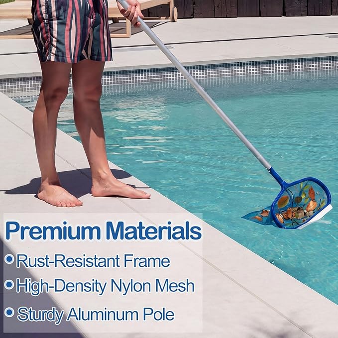 20 Inch Pool Skimmer Net with 15.7 in Aluminum Rod Heavy Duty Fiberglass Swimming Pool Leaf Skimmer Net, Leaf Rake Cleaning Tool Detachable Poles, Easy Scoop Edge, Debris Pickup Removal