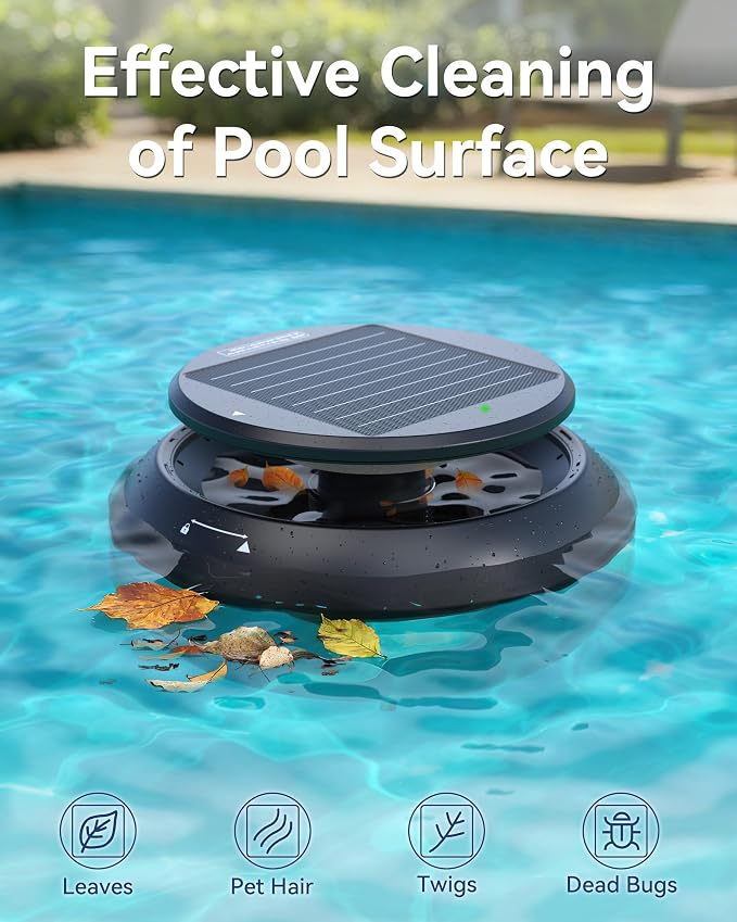 Y60 Cordless Solar Pool Skimmer - 2026 Automatic Robotic Pool Surface Cleaner with 360° All-Around Intake, Dual Charging, 12H Deep Cleaning for In-Ground & Above Ground Pools