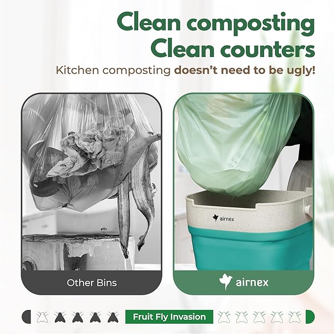 AIRNEX Collapsible Food Waste Bin with Lid - 1 Gallon Food Waste Caddy for Kitchen Made of Wheat Straw - Odor Free Compost Bin with 20 Pcs Compostable Trash Bags and 14 Pcs Carbon Filters