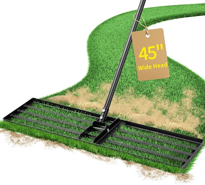 Jardineer 45 Inch Heavy Duty Lawn Leveling Rake, 72 Inch Long Handle Yard Leveler for Grass Soil, Ground Dirt Leveler Tool for Lawn, Garden, Golf Course Maintenance