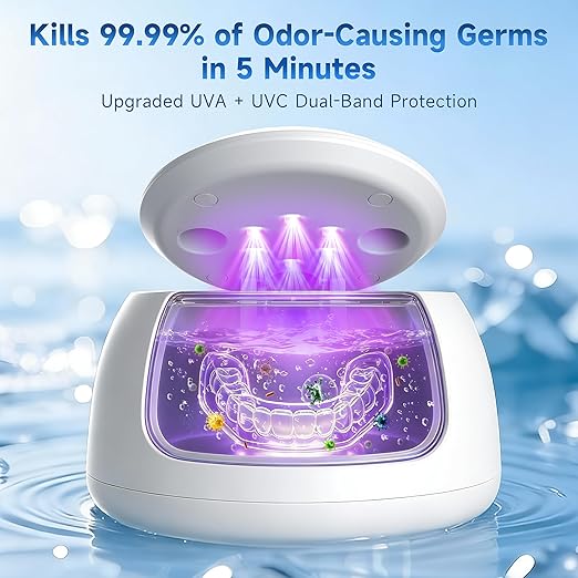 Ultrasonic Retainer Cleaner Machine, 45kHz Denture Dome with UV Light,Dental Cleaning POD for Aligners, Mouth Guards, Night Guards, Toothbrush,Jewelry,200ML Capacity (Silver)