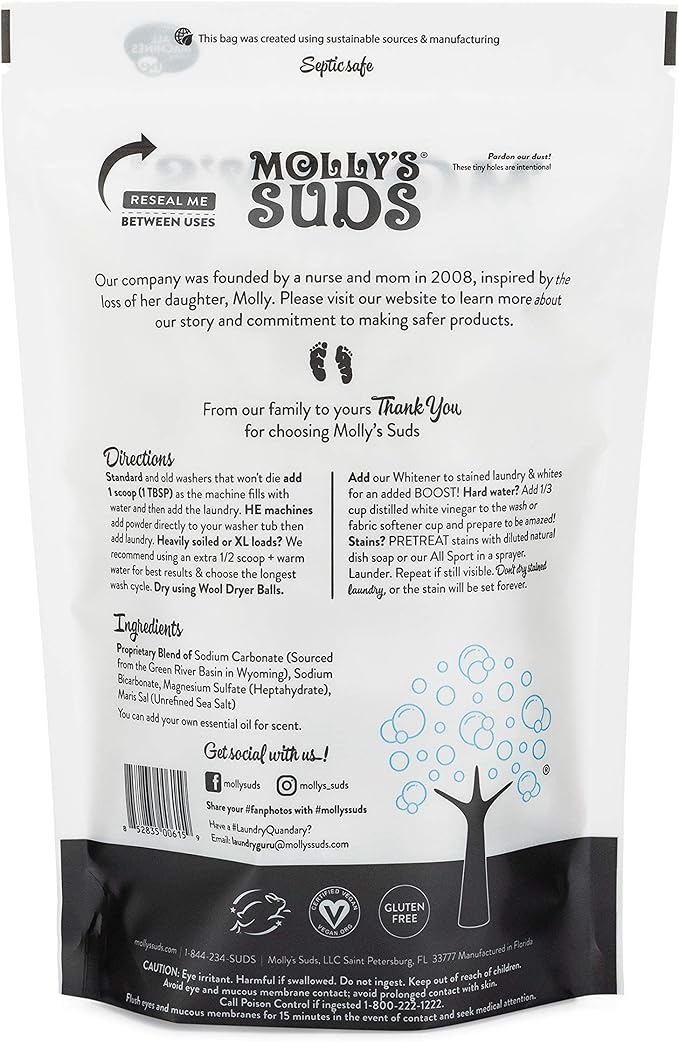 Molly's Suds Unscented Laundry Detergent Powder (120 Loads) & XL Wool Dryer Balls (White) Bundle