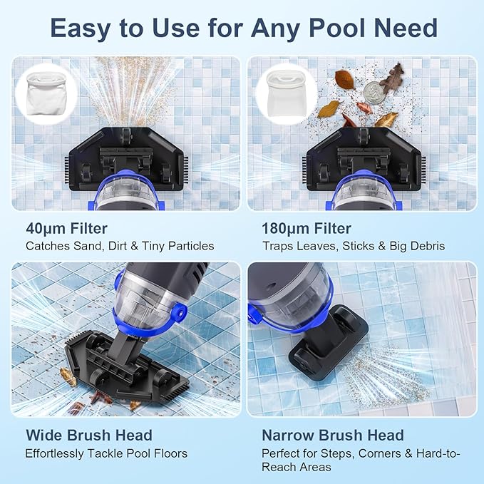 Upgraded Cordless Pool Vacuum with Telescopic Pole, 60 Min Powerful Suction & Large Head, Rechargeable Handheld Cleaner for Above Ground Pools, Inground Pools, Hot Tubs, and Spa
