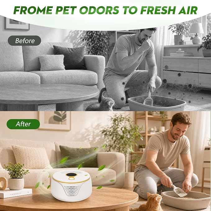 Cat Litter Odor Deodorizer, Cordless Rechargeable Ozone Air Purifier for Dog Poof and Kitty Litter Box, Pet Odor Eliminator with 3 Mode for Home, Kennel, Smoke, Car