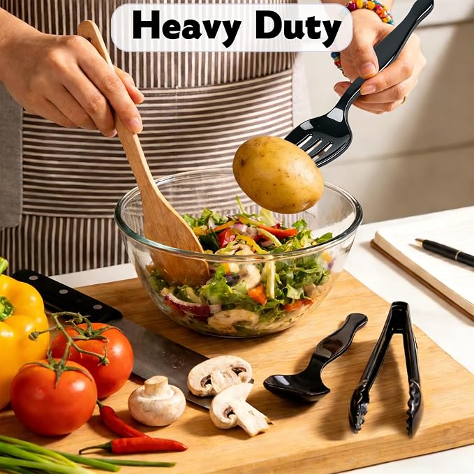 40 Pcs Black Plastic Serving Utensils Set - Large Serving Tongs, Serving Forks, Serving Spoons - Heavy Duty Disposable Serving Utensils for Parties, Buffet, Catering Supplies (Black, 40 Pcs)