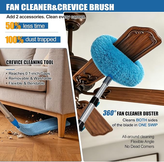 FIDISP 20FT High Ceiling Duster Kit, 4.5–12ft Heavy Duty Extension Pole, 9PCS with Hooks, Telescoping Duster, Fan Cleaner & Web Brush, Commercial/Home Use for Windows, Fans, Ceilings & Outdoor