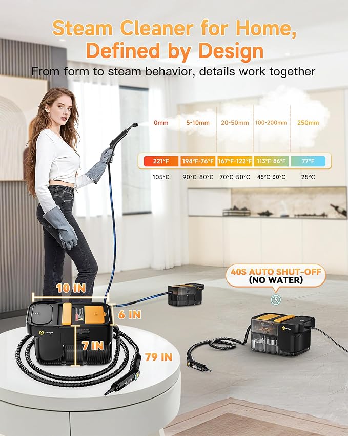 Gautye Steam Cleaner, 3 Level Adjustable Handle with 18 Accessories, Black | 10s Heat Up, 2.11 Quarts Tank, Handle Steam Cleaner for Home, Steamer for Cleaning for Kitchen, Grout, Dirt, Tile, Floor, Car