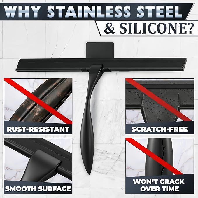 Shower Door Squeegee with Hook - 12" Silicone Blade, Stainless Steel Black Squeegee for Shower Glass with Adhesive Mount - All-Purpose Bathroom Tile, Mirror, & Window Wiper for Streak-Free Cleaning