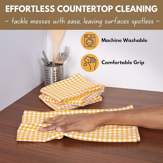 Native Fab 12 Pack Mini Check Yellow Kitchen Towels 16"x26" - Gingham Plaid Cotton Dish Towels - Absorbent Dishcloth Set, Soft Reusable Towel with Hanging Loop - Yellow White