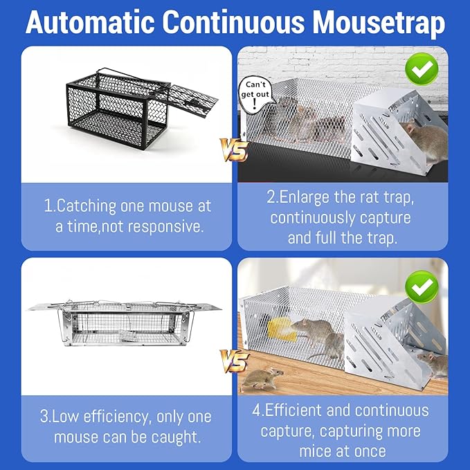 Humane Rat Trap, Automatic Cycle Mouse Trap, No Kill Live Mouse Catch, Mice Trap Cage for Indoor and Outdoor Small Animal - Mouse Voles Hamsters Live Cage Catch and Release (Rat Trap B)