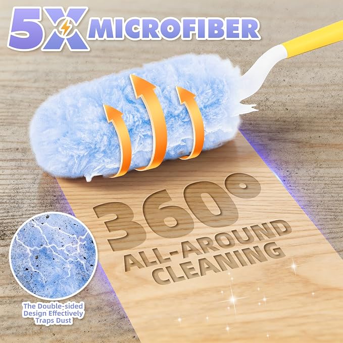 60 PCS Duster Refills for Swiffer Duster, 360 Heavy Duty Duster Refills with 3 FT Extended Handle and Short Handle, Disposable Dusters for Cleaning Ceiling Fan, Blinds, Vent, Furniture