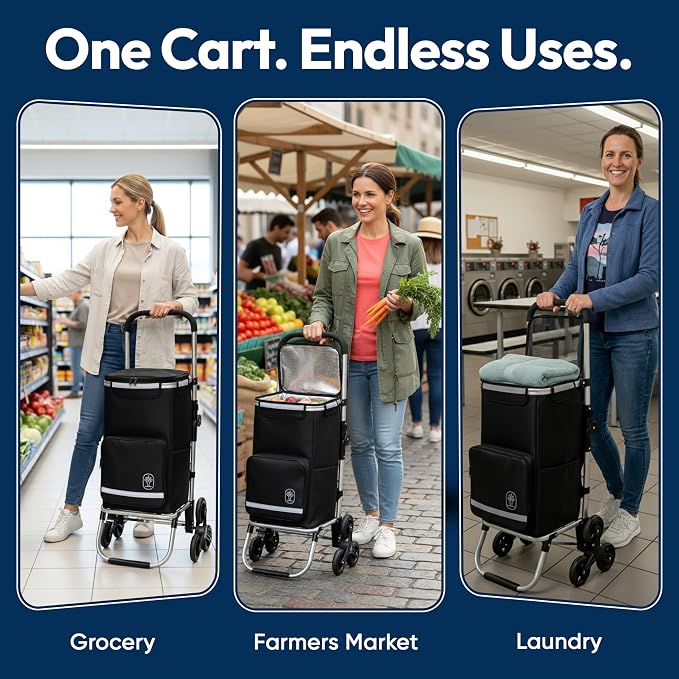 Foldable Stair Climbing Shopping Cart with Wheels – 3-in-1 Grocery Trolley, Backpack & Hand Truck – Lightweight Aluminum Frame, Waterproof Insulated Bag, Side Pockets – Cart for Groceries & Laundry