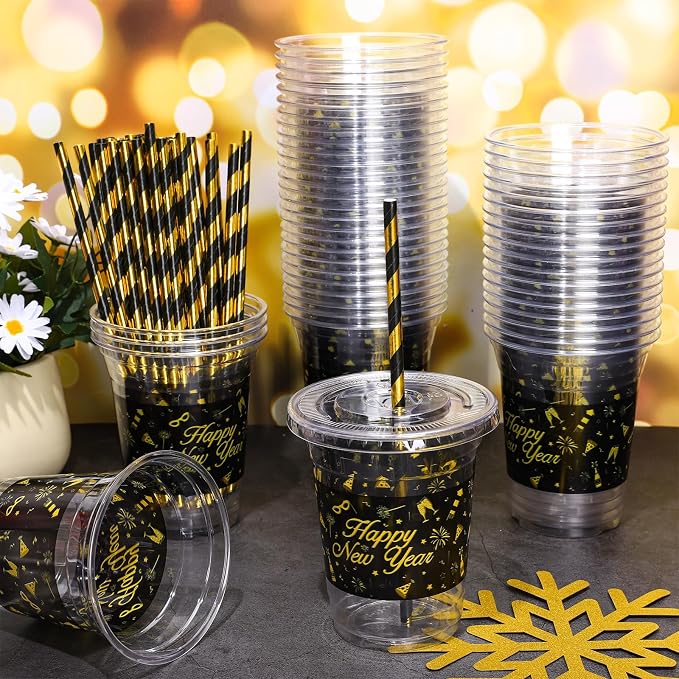JarThenaAMCS 50Pcs New Year Plastic Cups With Lids And Straws 12oz Disposable Party Cups Black Gold Cold Beverage Drinking Cups for Chinese Spring Festival Party Supplies
