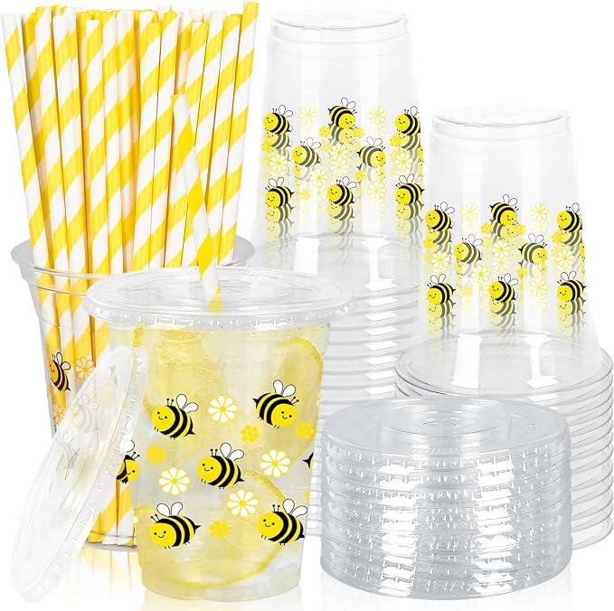 FYSUIMU 50Pcs 12Oz Floral Bee Plastic Cups with Lids & Straws Disposable Clear Drinking Cups for Summer Birthday Baby Shower Party Supplies