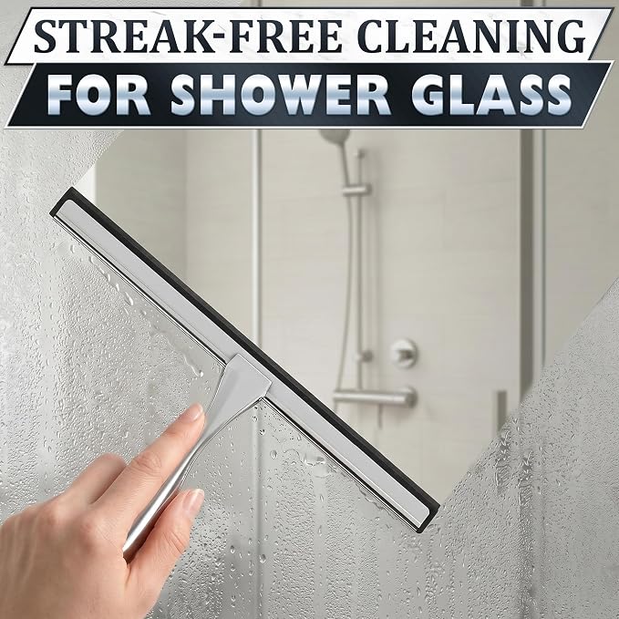 Shower Door Squeegee with Hook - 10" Silicone Blade, Stainless Steel Squeegee for Shower Glass with Adhesive Mount - All-Purpose Bathroom Tile, Mirror, & Window Wiper for Streak-Free Cleaning (Silver)