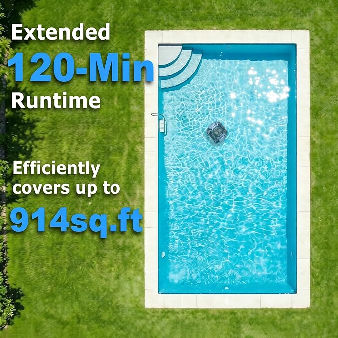 Cordless Pool Vacuum for Above Ground & Inground Pools, 120 Min Runtime Robotic Pool Cleaner with Retrieval Hook, Auto-Parking, Lightweight, Ideal for Flat-Bottom Pools up to 914 sq.ft