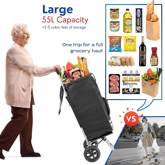 Shopping Cart, Super Loading Grocery Trolley, 220 lbs Capacity, Foldable Cart with Extra Large Black Shopping Bag Portable Grocery Utility Cart With Adjustable Bungee Cord