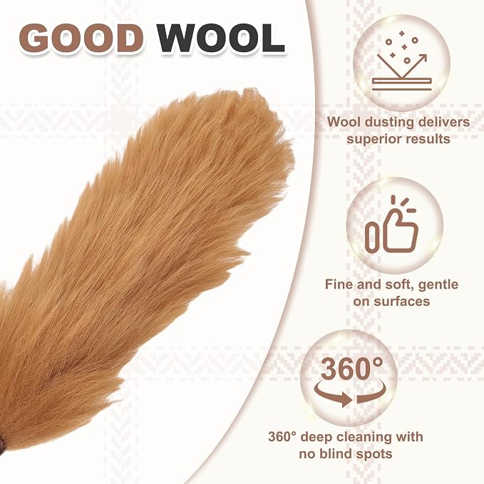 uxcell Wool Duster, 20.5" Natural Feather Cleaner Household Cleaning Duster with Solid Wooden Handle for Cleaning Fans Window Blinds Shelves Furniture, Light Brown