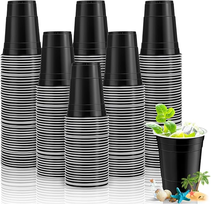 Lounsweer 100 Pcs 16 oz Disposable Party Cups Plastic Heavy Duty Drinking Water Cups for Birthday Baby Shower Wedding BBQ Picnic Party Supplies(Black, White)