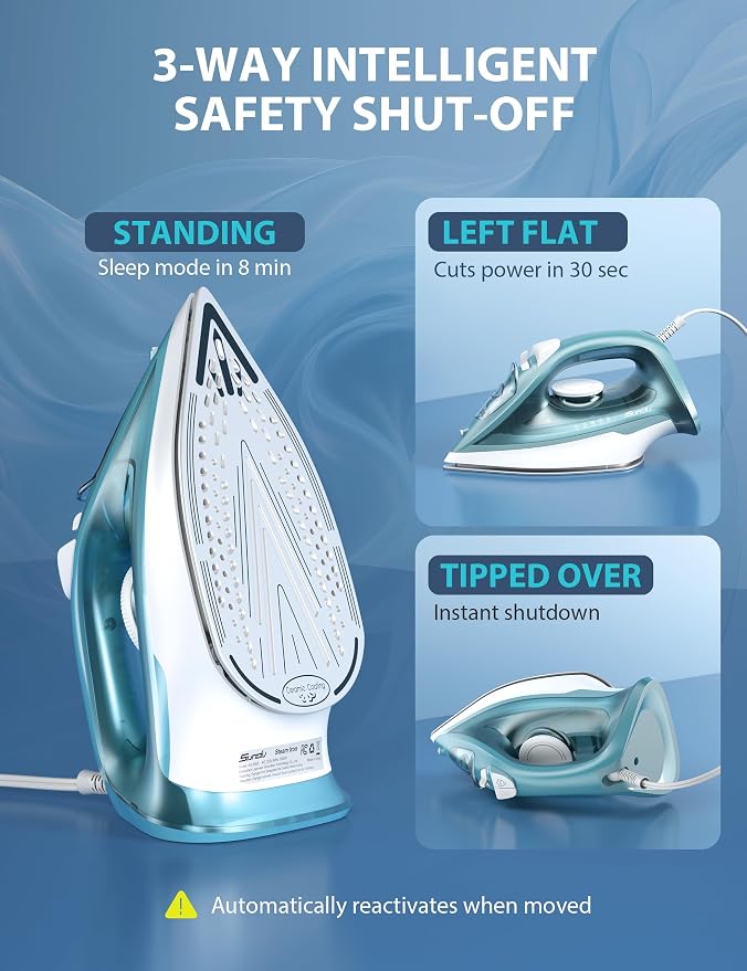 Sundu Steam Iron for Clothes with Rapid Heating Ceramic Coated Soleplate, 1500W with Precise Thermostat Dial, Self-Cleaning, Auto-Off, 44oz Water Tank for Home Clothes Ironing Use Green